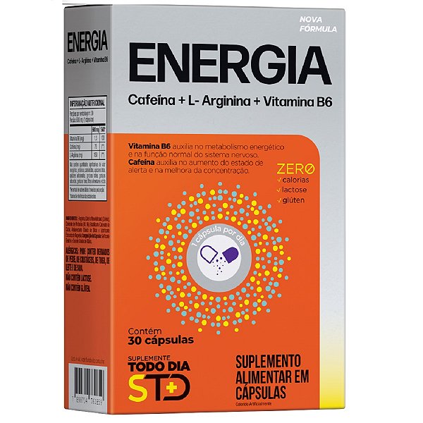 Suplemento Alimentar STD Energia Cafeína + L-Arginina + Vitamina B6 Katiguá 30 Cápsulas