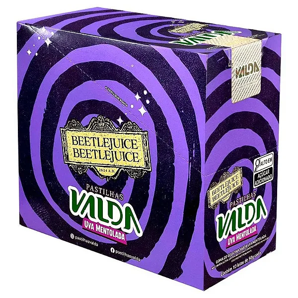 Display Pastilhas Valda BeetleJuice Uva Mentolada Com 10 Latas De 50g Cada