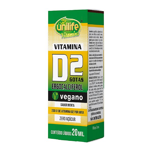 Suplemento Líquido Vitamina D2 200UI Ergocalciferol em Gotas Sabor Menta Unilife 20ml