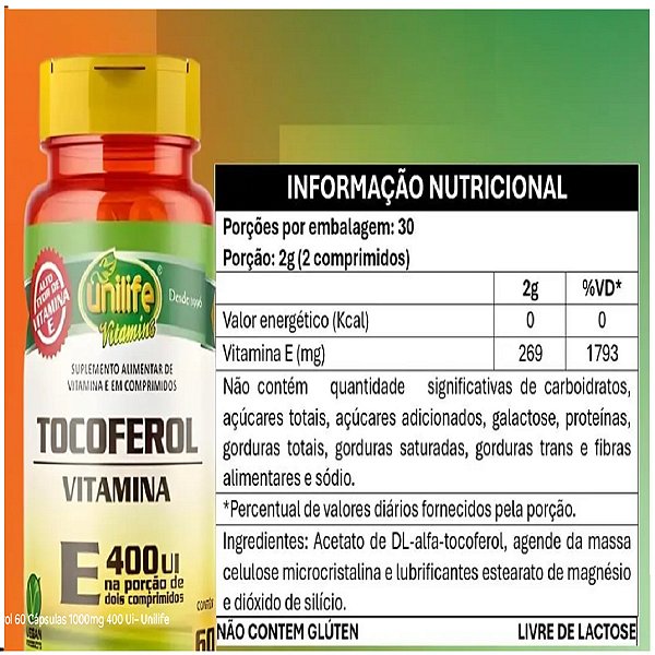 Suplemento Alimentar Vitamina E Tocoferol Unilife 1000mg 60 Comprimidos