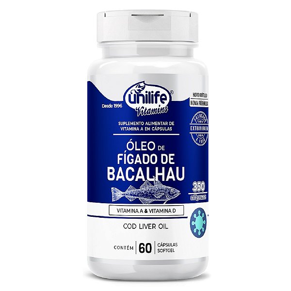 Suplemento Óleo de Fígado de Bacalhau + Vitaminas A e D 350mg Unilife 60 Cápsulas Softgel