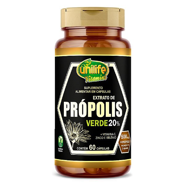 Suplemento Extrato de Própolis Verde Com Vitamina C, Zinco e Selênio 500mg Unilife 60 Cápsulas