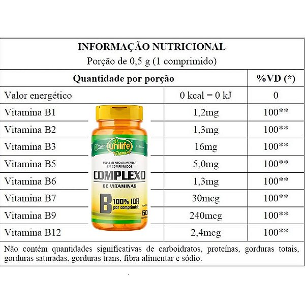 Suplemento Alimentar Complexo B 100% IDR 500mg Unilife 60 Comprimidos