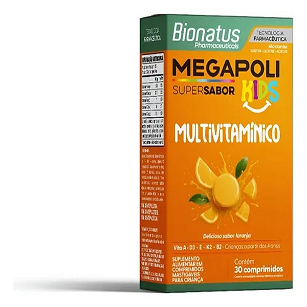 Suplemento Alimentar Megapoli Kids Multivitamínico Sabor Laranja Bionatus 30 Comprimidos Mastigáveis para Crianças
