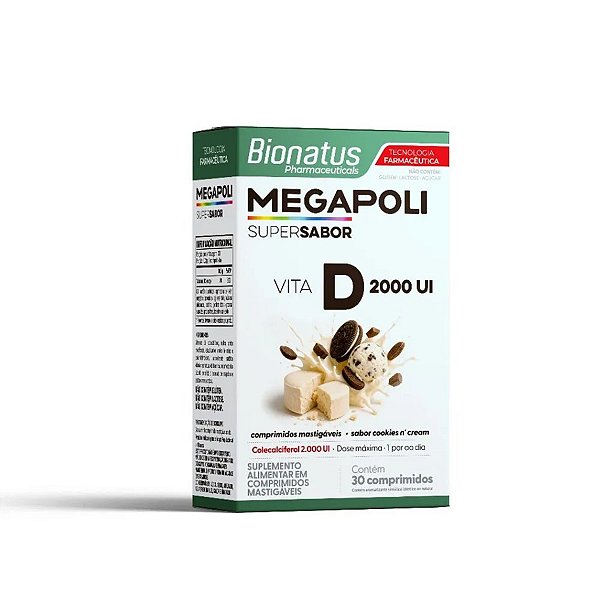 Suplemento Alimentar Megapoli Vitamina D 2000 UI Sabor Cookies n'Cream Bionatus 30 Comprimidos Mastigáveis