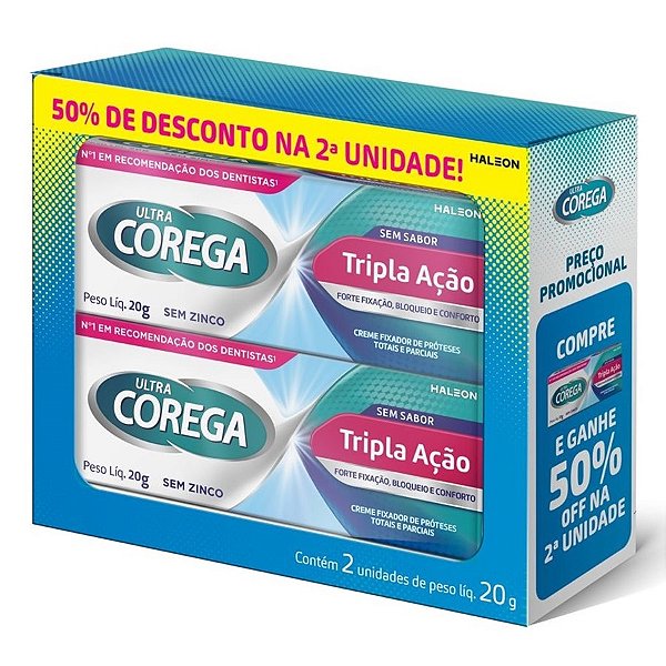 Kit Creme Fixador De Próteses Ultra Corega Tripla Ação Sem Sabor Com 2 Unidades De 20g Cada