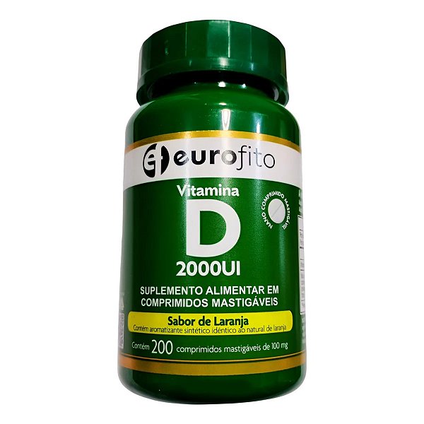 Suplemento Alimentar Vitamina D 2000UI Sabor De Laranja Eurofito 200 Comprimidos Mastigáveis