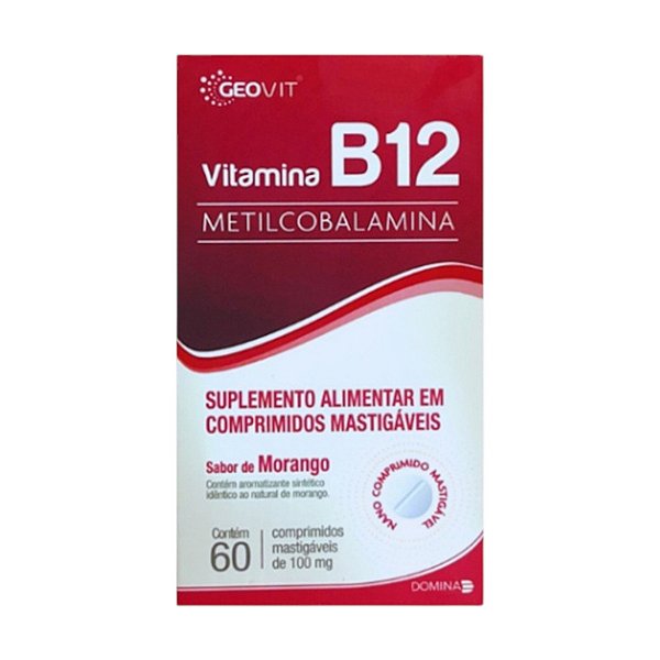 Suplemento Alimentar Vitamina B12 Meticobalamina Sabor Morango Geovit 60 Comprimidos Mastigáveis