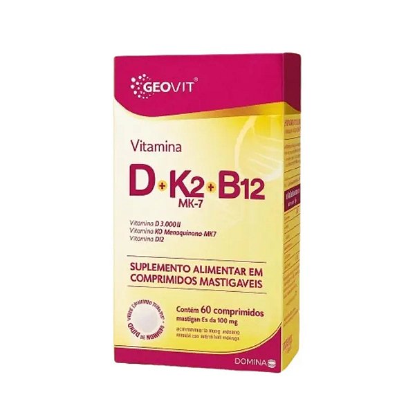 Suplemento Alimentar Vitamina D+k2 MK-7+B12 Sabor Morango Geovit 60 Comprimidos Mastigáveis