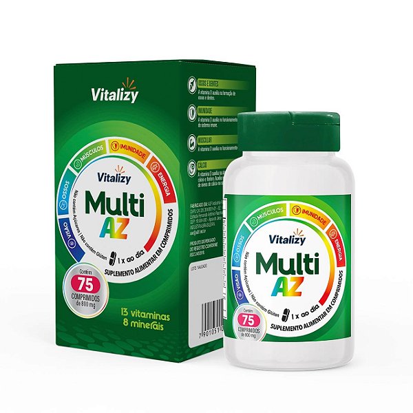 Multivitamínico Multi AZ Vitalizy 13 Vitaminas + 8 Minerais com 75 Comprimidos de 800mg