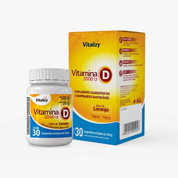 Vitamina D 2000 UI Vitalizy 30 Comprimidos Mastigáveis Sabor Laranja