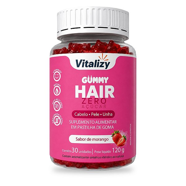 Gummy Hair Vitalizy Zero Açúcar Biotina Colágeno e Vitaminas para Cabelo e Pele 30 Unidades Sabor Morango