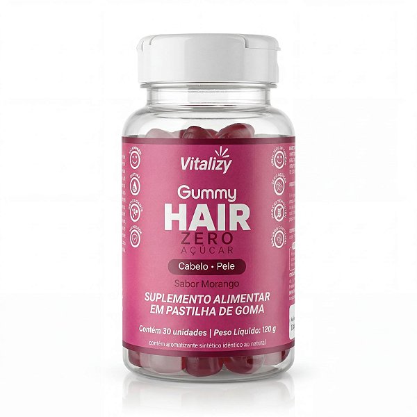 Gummy Hair Vitalizy Zero Açúcar Biotina Colágeno e Vitaminas para Cabelo e Pele 30 Unidades Sabor Morango
