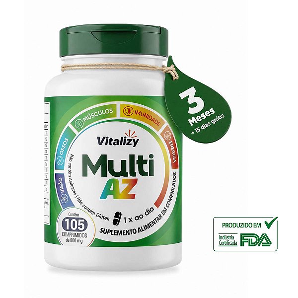 Multivitamínico Multi AZ Vitalizy 13 Vitaminas + 8 Minerais com 105 Comprimidos de 800mg