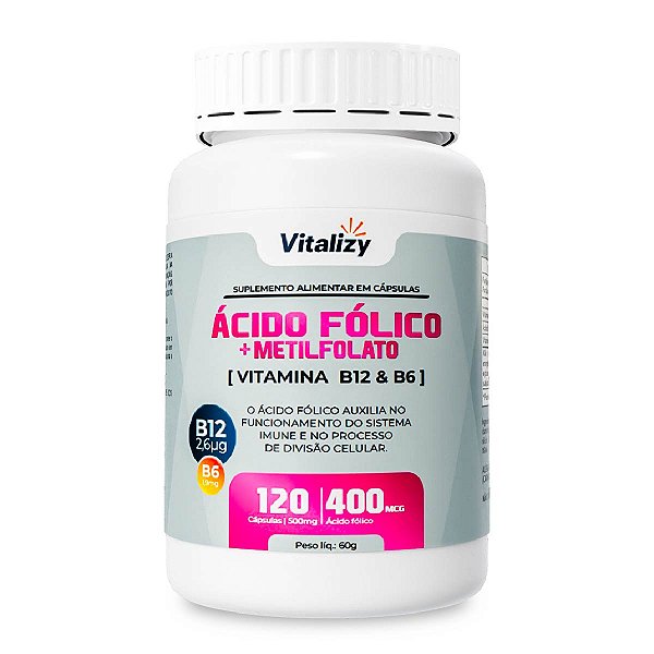Ácido Fólico + Metilfolato + Vitaminas B12 e B6 com 120 cápsulas Vitalizy