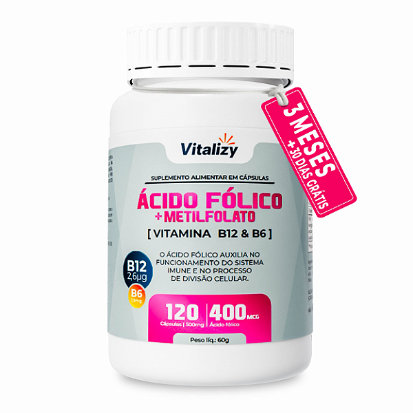 Ácido Fólico + Metilfolato + Vitaminas B12 e B6   com 60 cápsulas Vitalizy