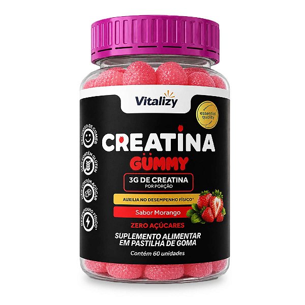 Creatina Gummy 3g Zero Açúcar 60 Gomas Sabor Morango Vitalizy