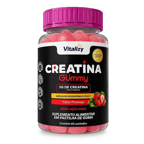 Creatina Gummy 3g Zero Açúcar 60 Gomas Sabor Morango Vitalizy