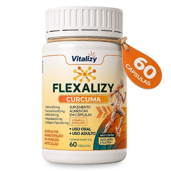 Flexalizy Cúrcuma-Colágeno Tipo 2 Cúrcuma Branca MSM Magnésio Dimalato Com 60 Cápsulas Vitalizy