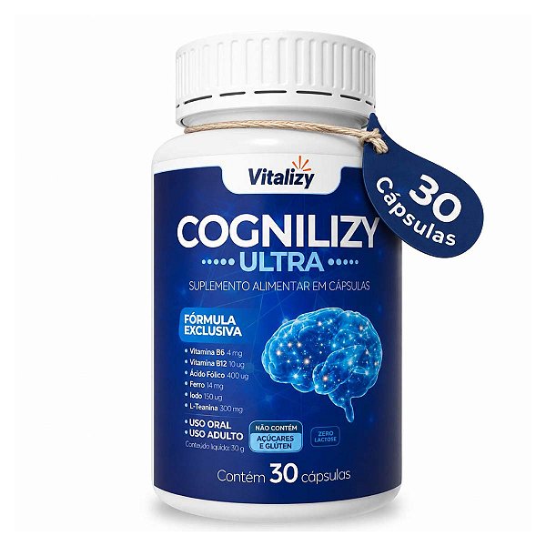 Cognilizy Ultra-L-Teanina 300mg Vitamina B6 B12 Ácido Fólico Ferro Iodo Suplemento Para Foco Concentração 30 Cápsulas