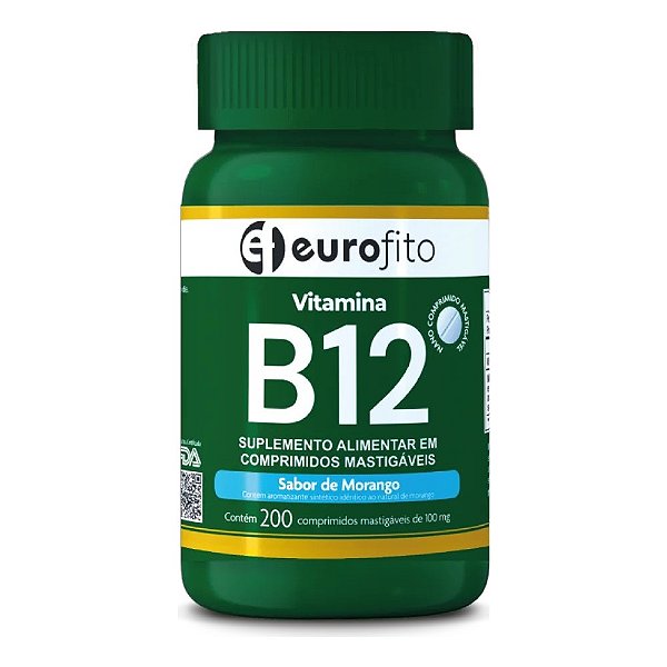 Suplemento Alimentar Vitamina B12 Sabor De Morango Eurofito 200 Comprimidos Mastigáveis