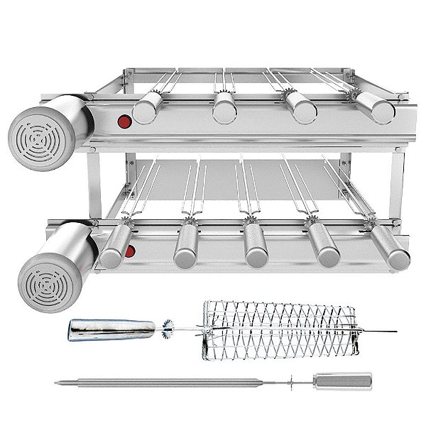 Churrasqueira Grill DUPLA Inox SEVEFORT 9 Espetos Giratórios + BRINDE Grelha Giratória Peixe / Frango