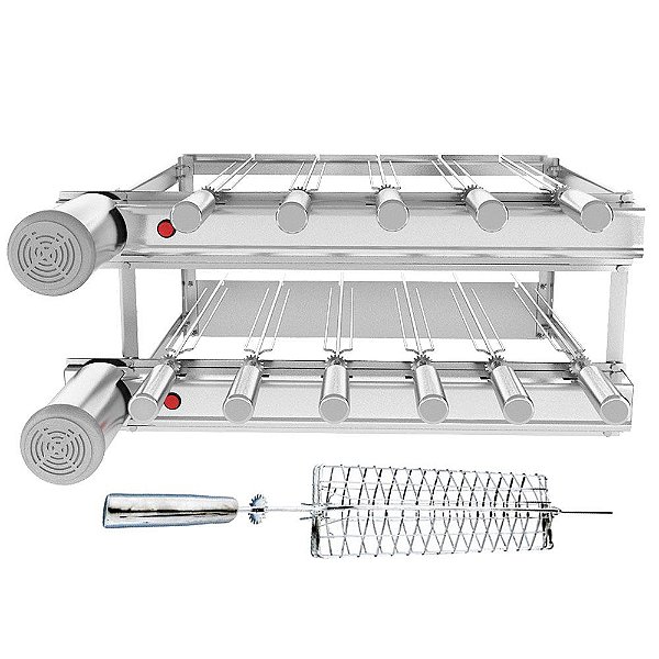 Churrasqueira Grill DUPLA Inox SEVEFORT 11 Espetos Giratórios + BRINDE Grelha Peixe / Frango