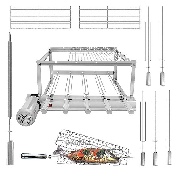 Churrasqueira Gira Grill 5 Espetos Inox + 2 Grelhas Modulares + Espeto Grelha Peixe / Frango + Brinde