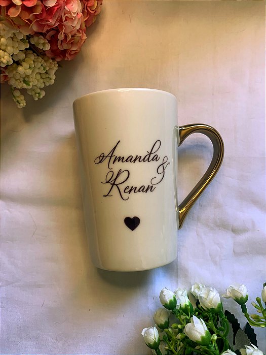 Caneca cônica alça cromada em porcelana 400ml - personalizada