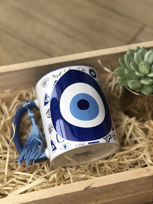 Caneca Cerâmica Alça Colorida - Olho Grego