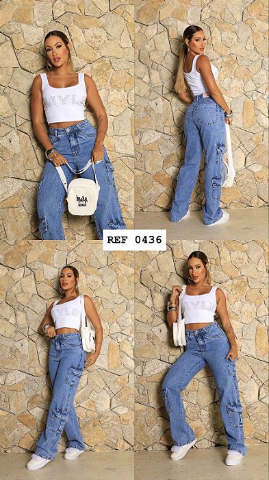 CALÇA JEANS CARGO WID LEGG GRADE QUEBRADA