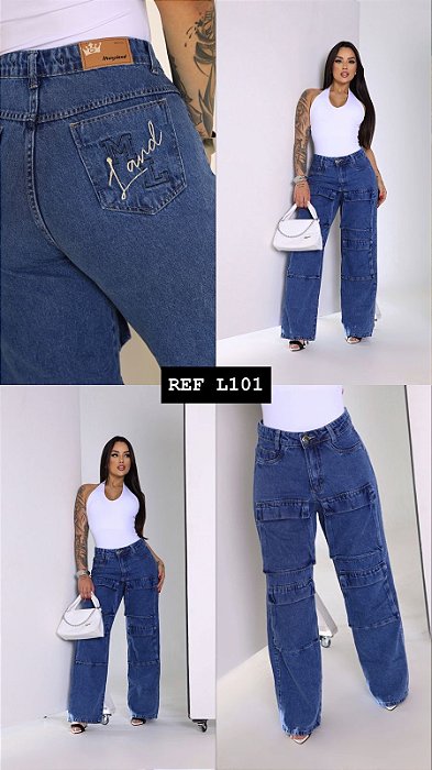 CALÇA JEANS WID LEGG CARGO GRADE QUEBRADA