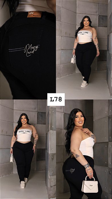 CALÇA SARJA PRETA PLUS SIZE COM LYCRA E BORDADO