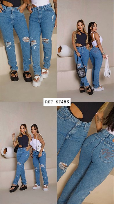 CALÇA JEANS MOM DESTROYD GRADE QUEBRADA