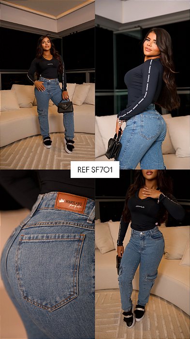 CALÇA JEANS MOM CARGO 100%