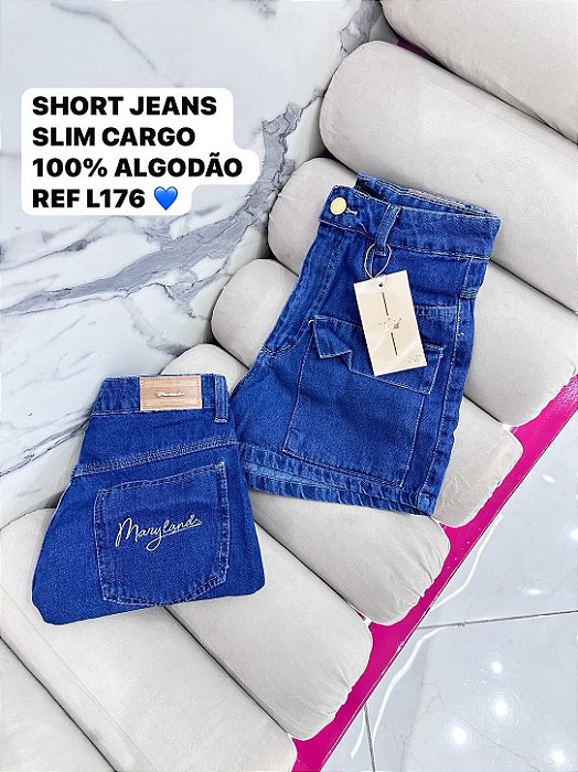 SHORT JEANS SLIM CARGO 100% ALGODÃO