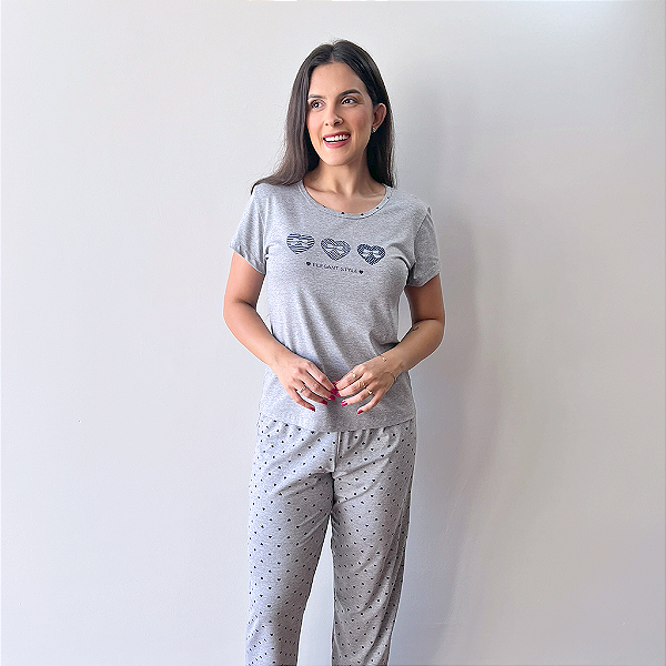 Pijama Meia Manga com Calça Mescla Coração