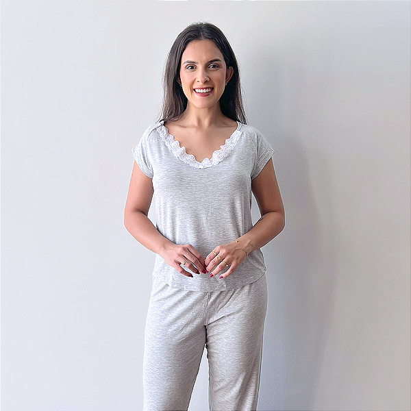 Pijama Feminino Manga Curta com Calça Mescla