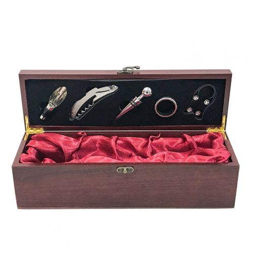 Kit Vinho Luxo Com 5 Acessórios Na Caixa De Madeira