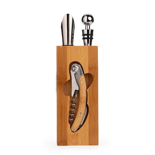 Kit Acessórios para Vinho com suporte em Bambu - 6 Peças