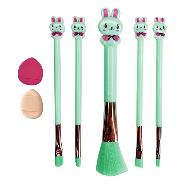 Kit 5 Pincéis de Maquiagem Coelho + 2 Mini Esponjas de Dedo