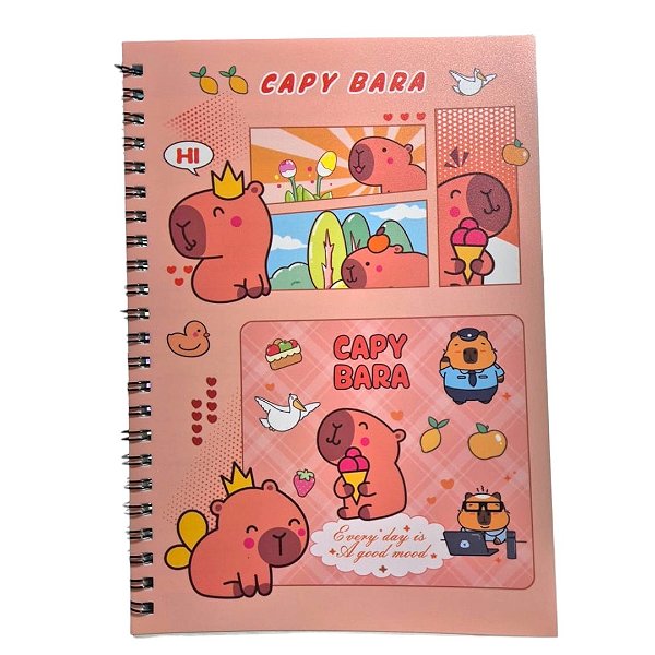 Caderno Capivara A5 Capa PVC 44 Folhas Coloridas Espiral Papelaria Fofa
