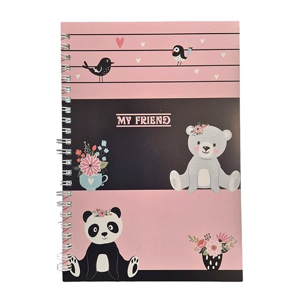 Caderno Panda e Urso A5 Espiral 98 Folhas Papelaria Fofa My Friend