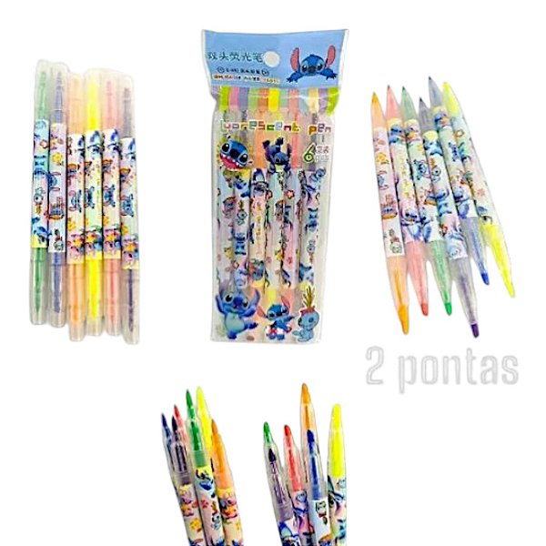Kit 6 Marca Texto Duplo Hello Kitty Stitch Neon Ponta Dupla