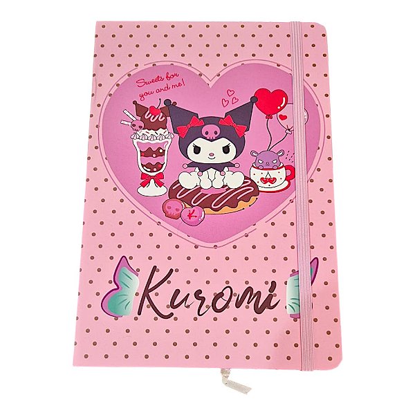 Caderno Kuromi A5 Capa Dura com Elástico 80 Folhas Quadriculadas