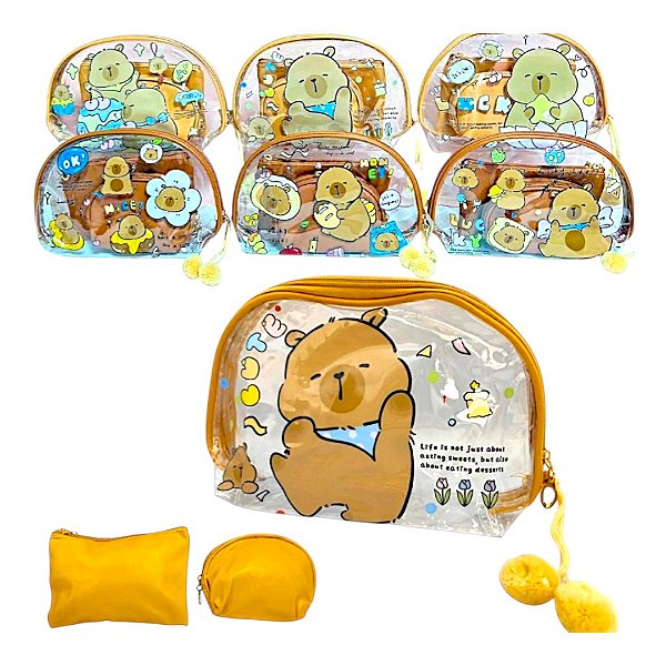 Kit Necessaire Transparente Capivara 3 Peças Organizadora Maquiagem Viagem com Zíper