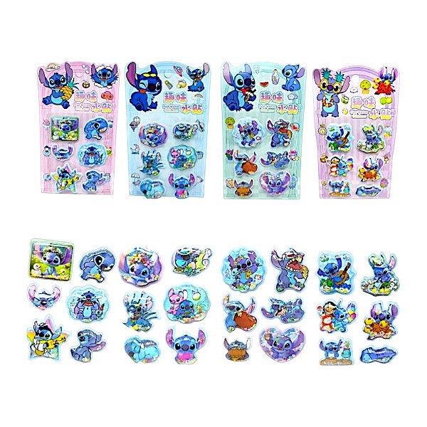 Cartela de Adesivos 3D Stitch com Água e Glitter Decorativo Kawaii
