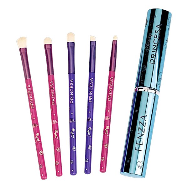 Kit Pincéis Fenzza Princesas com 5 Pincéis e Case Metalizada