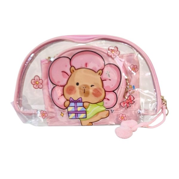 Kit Necessaire Transparente Capivara 3 Peças Organizadora Maquiagem Viagem com Zíper