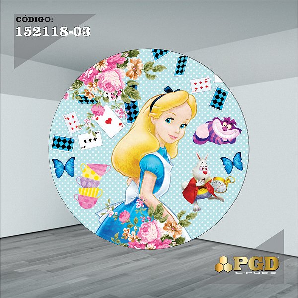 PAINEL REDONDO 1,5 x 1,5 MT -  tema - Alice no pais das maravilhas Modelo 03 TECIDO EM - HELANCA